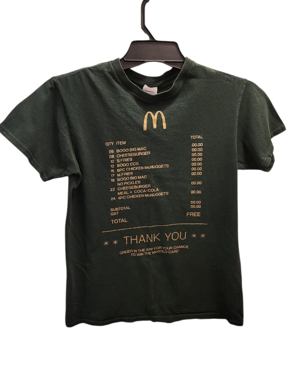 McDonald's McGold Card Forest Green Short-Sleeve Logo Tee  Gold Print Receipt